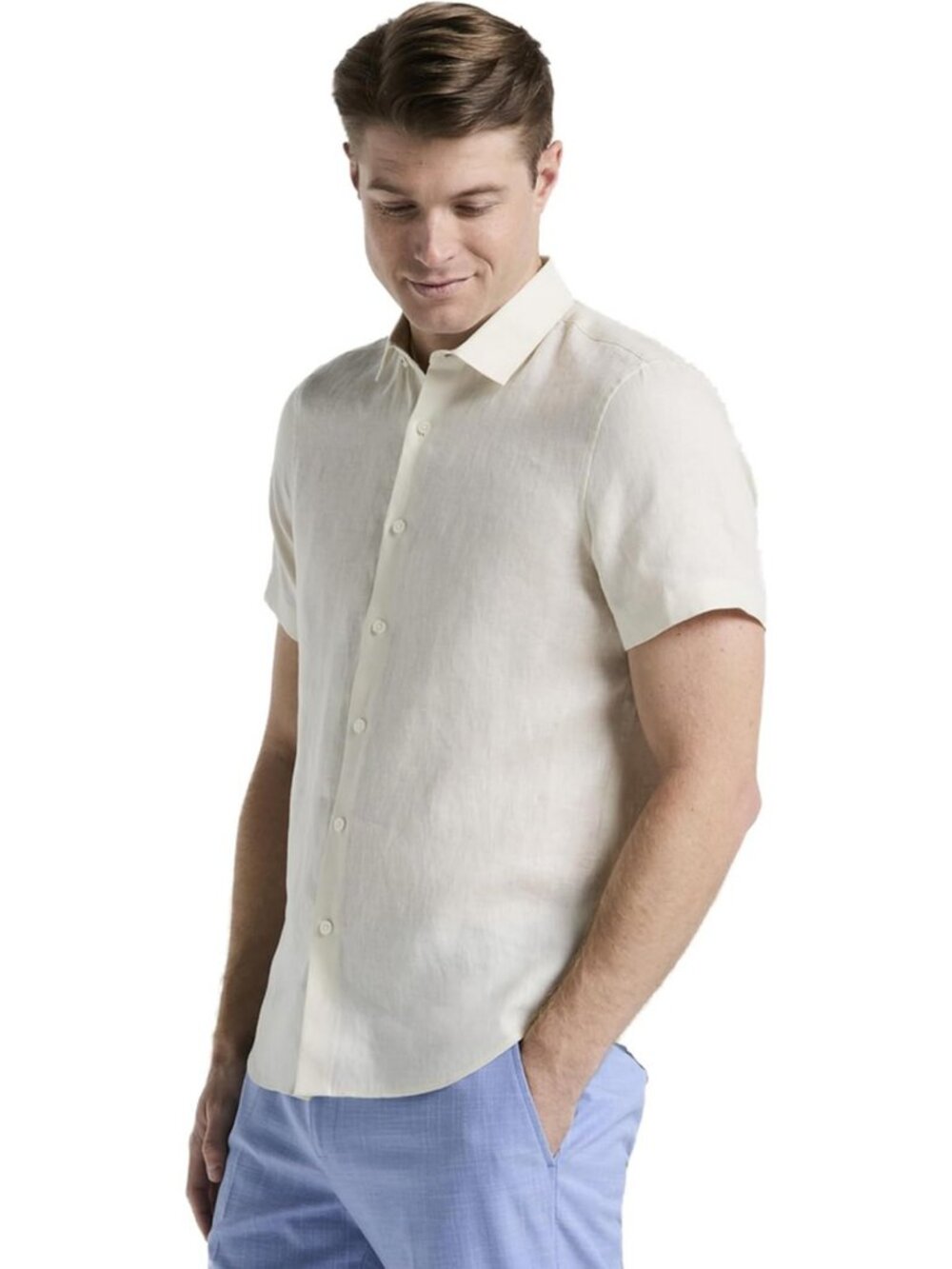 Perry Ellis Men's Solid Linen Short Sleeve Button-Down Shirt